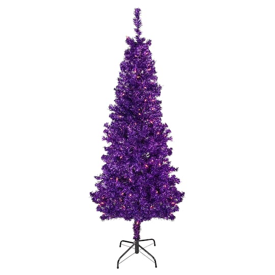 6ft. Pre-Lit Purple Tinsel Artificial Christmas Tree, Clear Lights